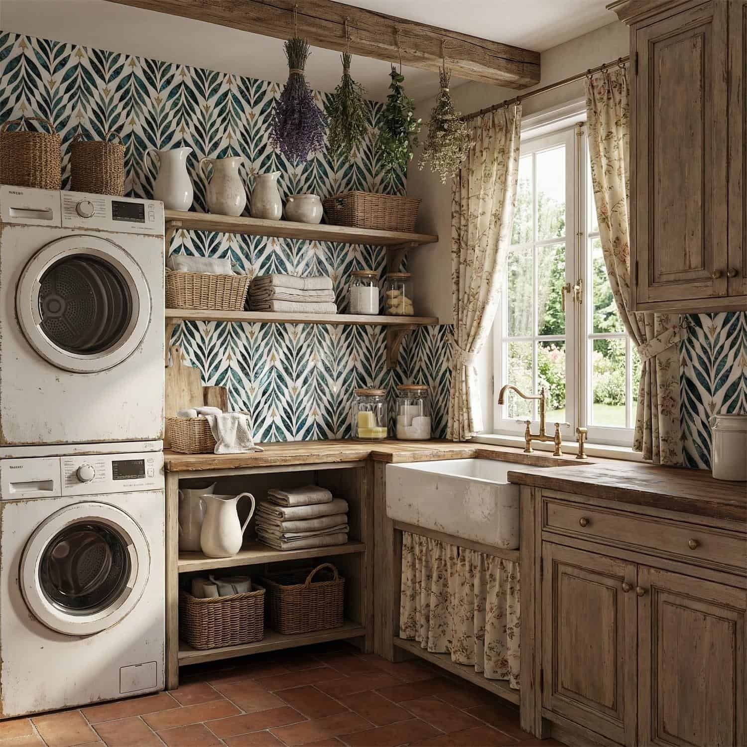 Colorful leaf-patterned tile with blue, green, and beige tones.