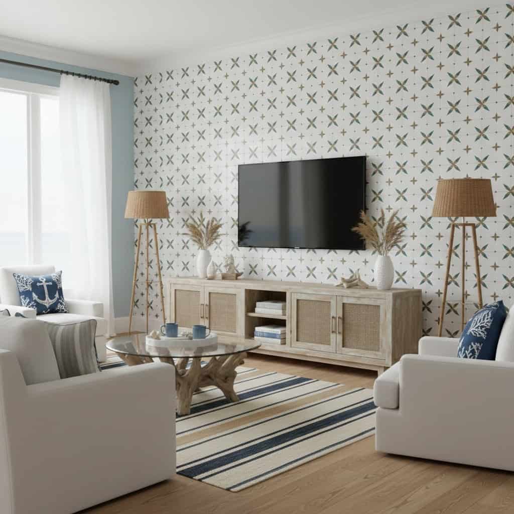 Light blue and white textured ceramic tile with starfish pattern.