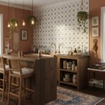 Warm-toned ceramic tile with textured surface and geometric pattern.