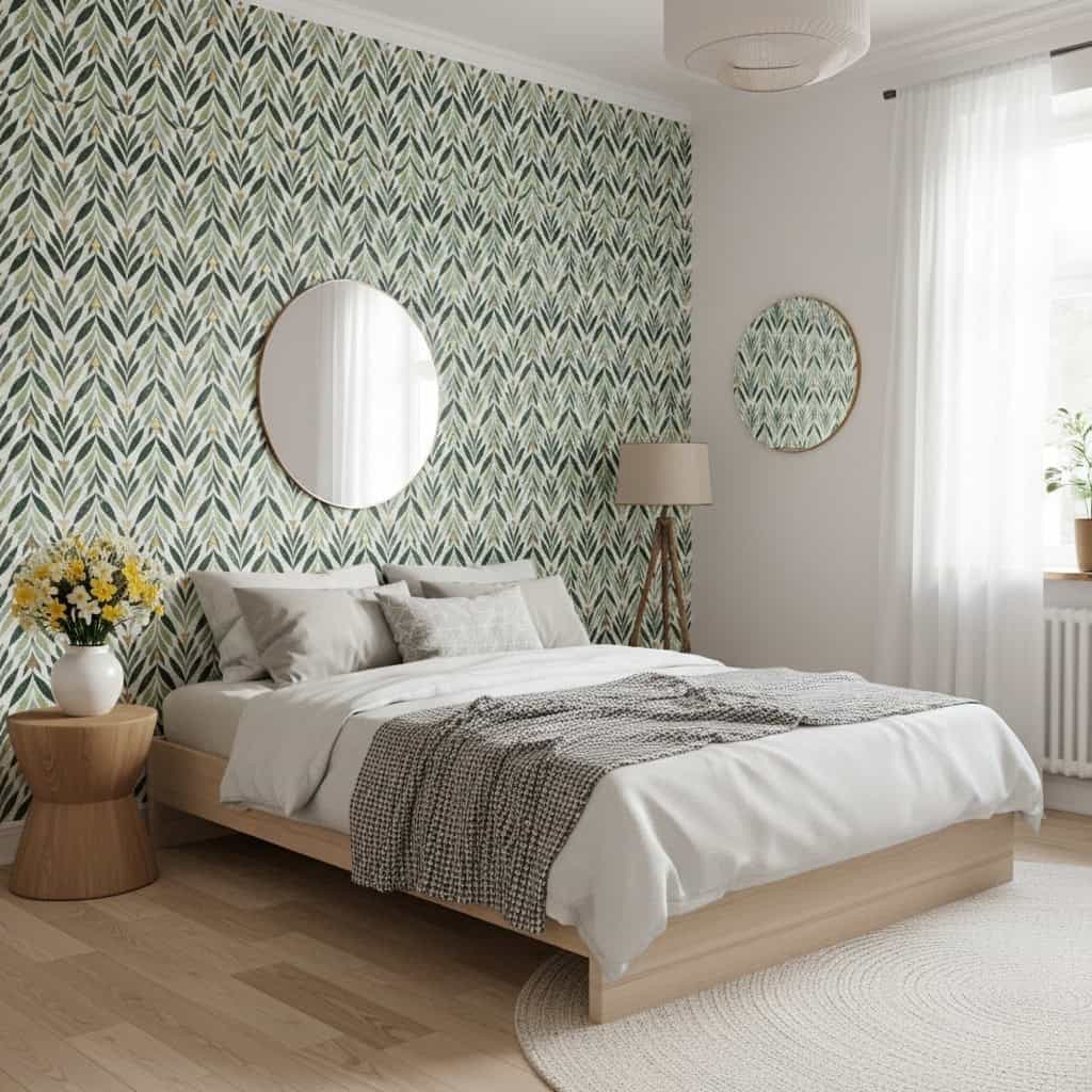 Bright bedroom with green leaf patterned wallpaper, round mirrors, and cozy bedding. Natural light enhances the fresh, calmin.