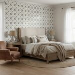 Star pattern wallpaper in neutral tones, textured finish, creating a cozy and stylish bedroom ambiance.