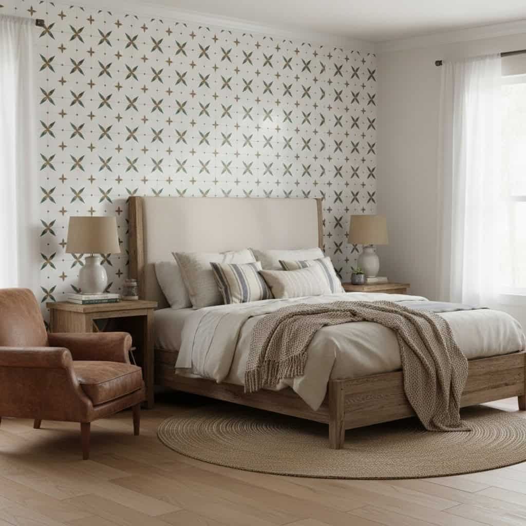 Star pattern wallpaper in neutral tones, textured finish, creating a cozy and stylish bedroom ambiance.