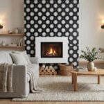 Black and white floral patterned tile with a matte finish, used as a fireplace accent wall.