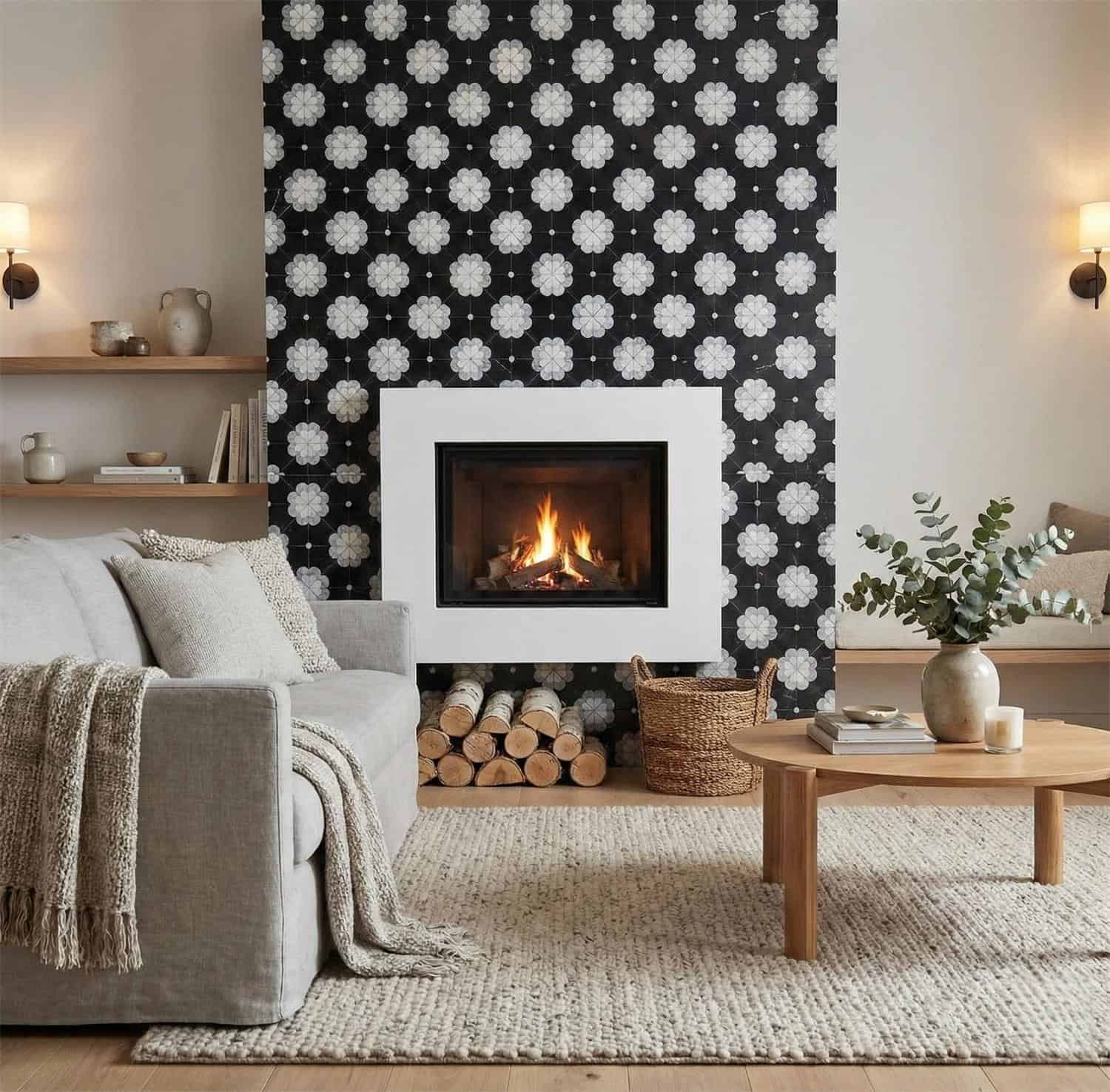 Black and white floral patterned tile with a matte finish, used as a fireplace accent wall.