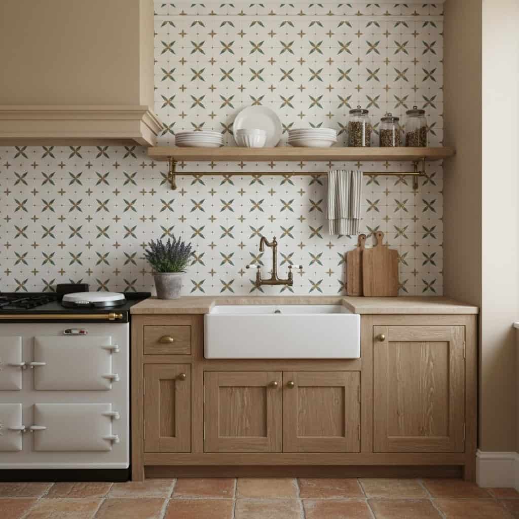 Patterned ceramic wall tiles in beige and brown with star-like design, textured surface, perfect for kitchen backsplash.