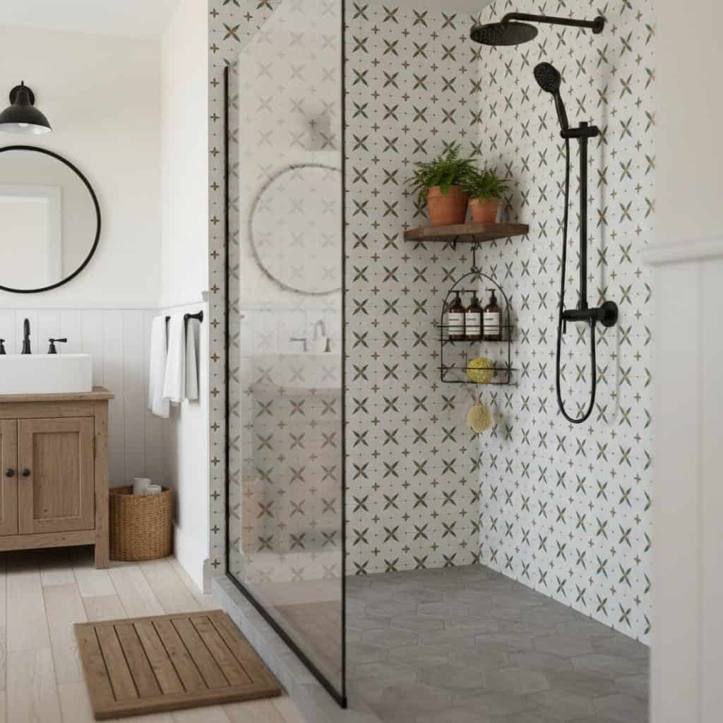 Geometric patterned white and black tiles in a contemporary bathroom shower.