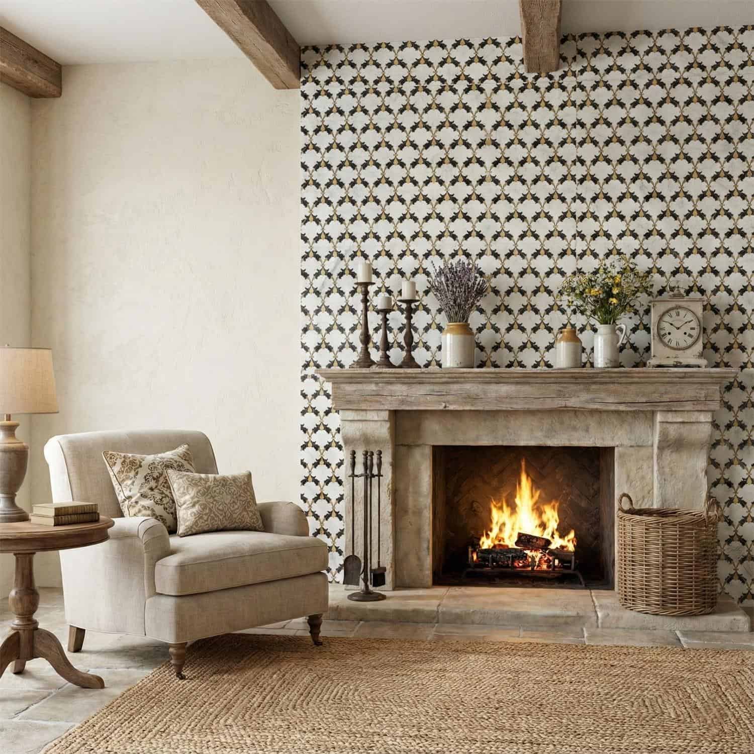 Patterned wall tiles in black and white with a floral motif, textured surface, and matte finish.