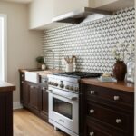 A stylish black and white patterned tile backsplash in a modern kitchen, adding visual interest and contrast.