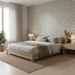 A bedroom with a feature wall covered in geometric patterned tiles in neutral tones, creating a modern and stylish ambiance.