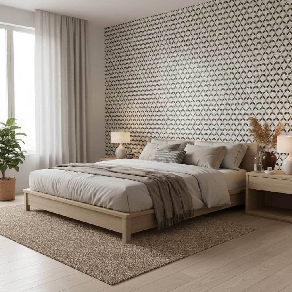A bedroom with a feature wall covered in geometric patterned tiles in neutral tones, creating a modern and stylish ambiance.