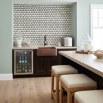 Patterned wall tile with a geometric design in brown and white, textured surface, used as a backsplash in a modern kitchen se.