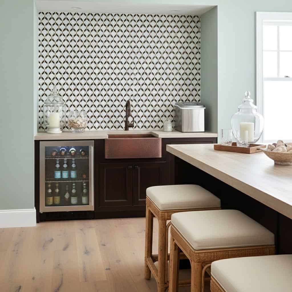Patterned wall tile with a geometric design in brown and white, textured surface, used as a backsplash in a modern kitchen se.