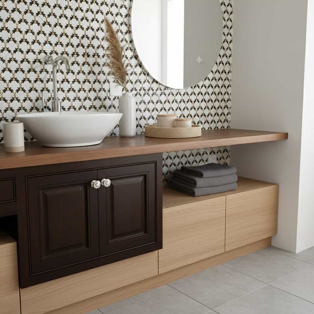 Patterned wall tiles in black and white, with a wooden vanity featuring a white vessel sink and mirror.