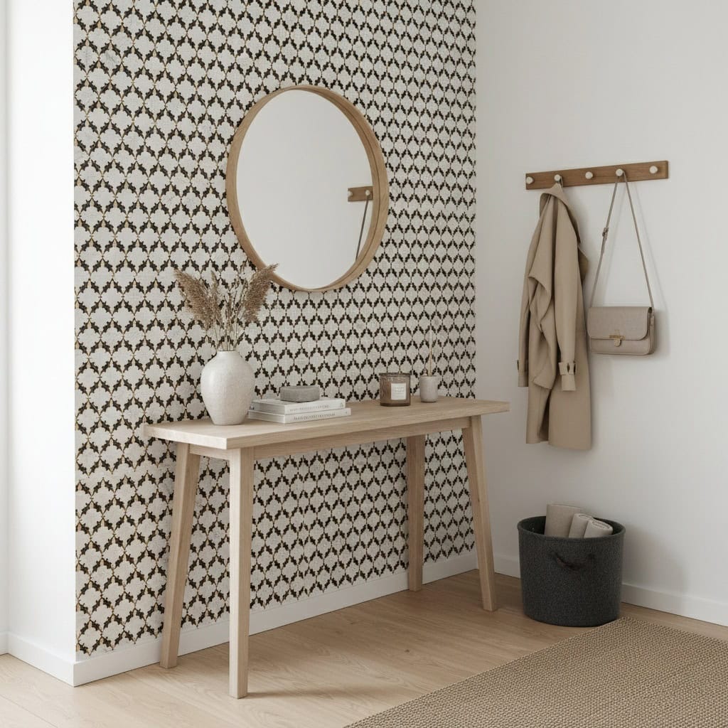Geometric patterned tile wall in black and white, with a smooth matte finish, used as an accent behind a wooden console table.