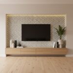 Geometric patterned tiles in black and white, wooden TV console, and a tall green plant.