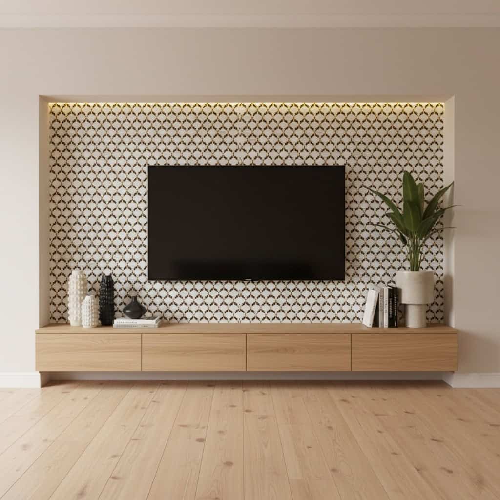 Geometric patterned tiles in black and white, wooden TV console, and a tall green plant.