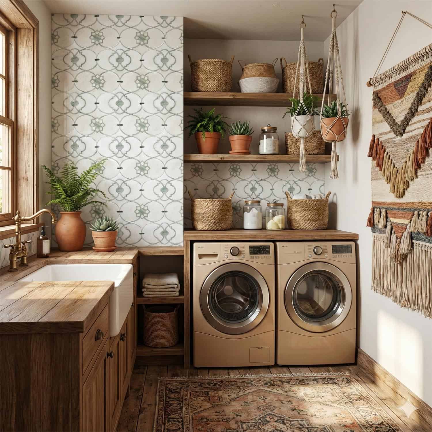 Patterned ceramic tile with a white background and green geometric design.