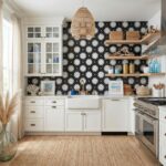 Bright white kitchen with navy blue floral patterned tiles, natural wood accents, and coastal-themed decor.
