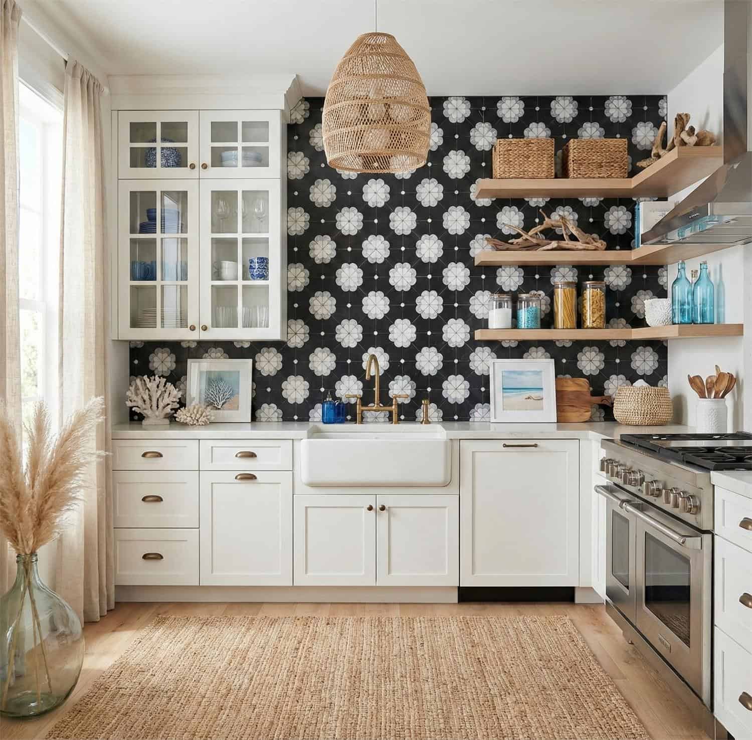 Bright white kitchen with navy blue floral patterned tiles, natural wood accents, and coastal-themed decor.