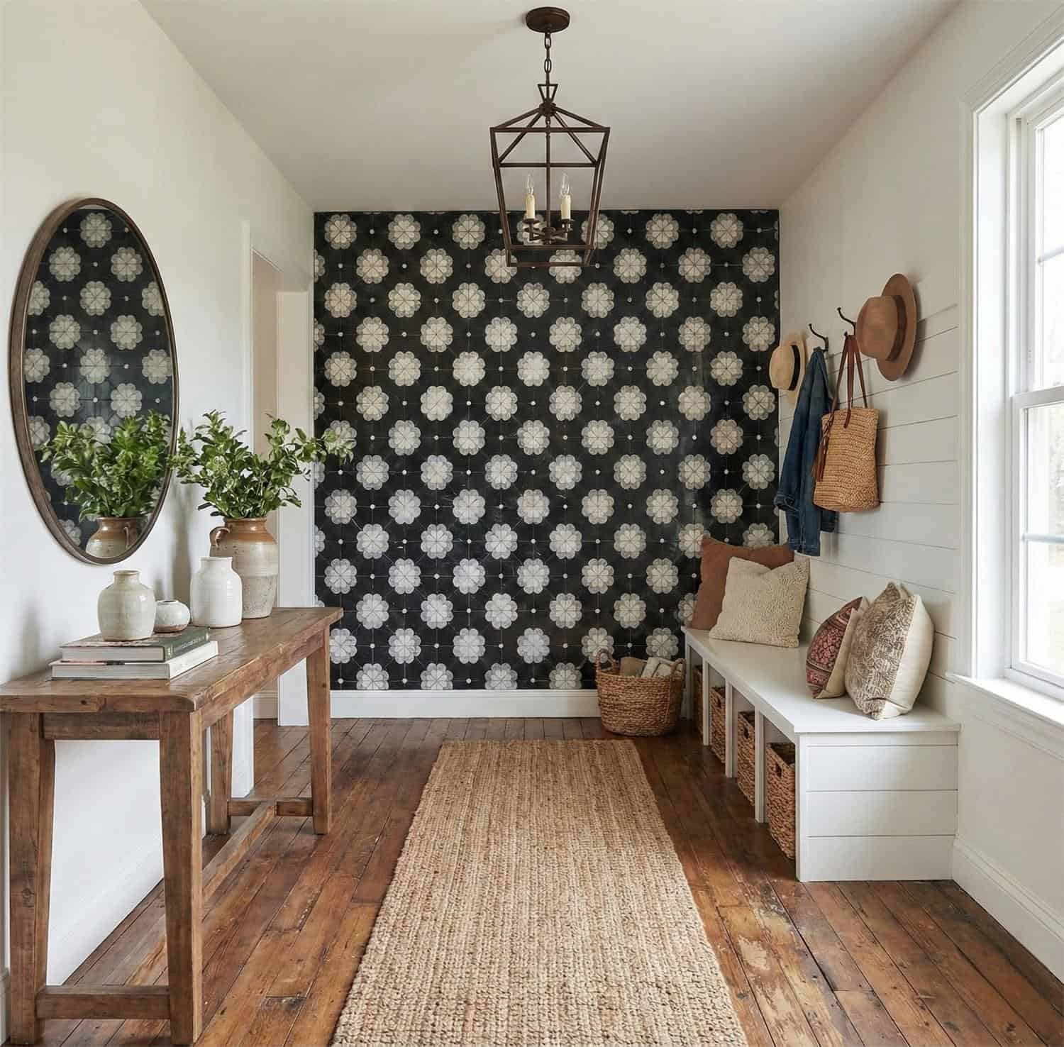 Black and white floral wallpaper, textured wooden furniture, and woven accents create a warm, inviting space.