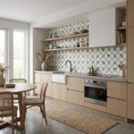 Light gray geometric patterned ceramic tiles on kitchen wall, complementing wooden cabinetry and modern design.