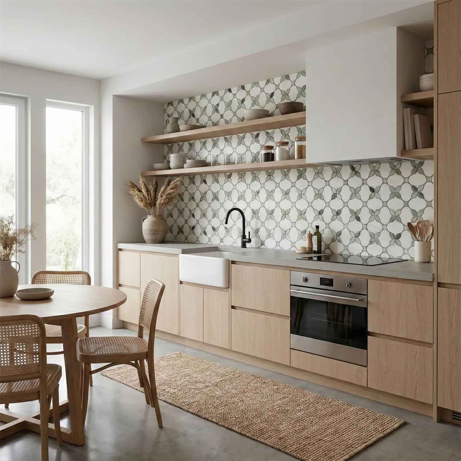 Light gray geometric patterned ceramic tiles on kitchen wall, complementing wooden cabinetry and modern design.