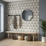 Decorative wallpaper with beige and white floral design, textured surface, suitable for accent walls.