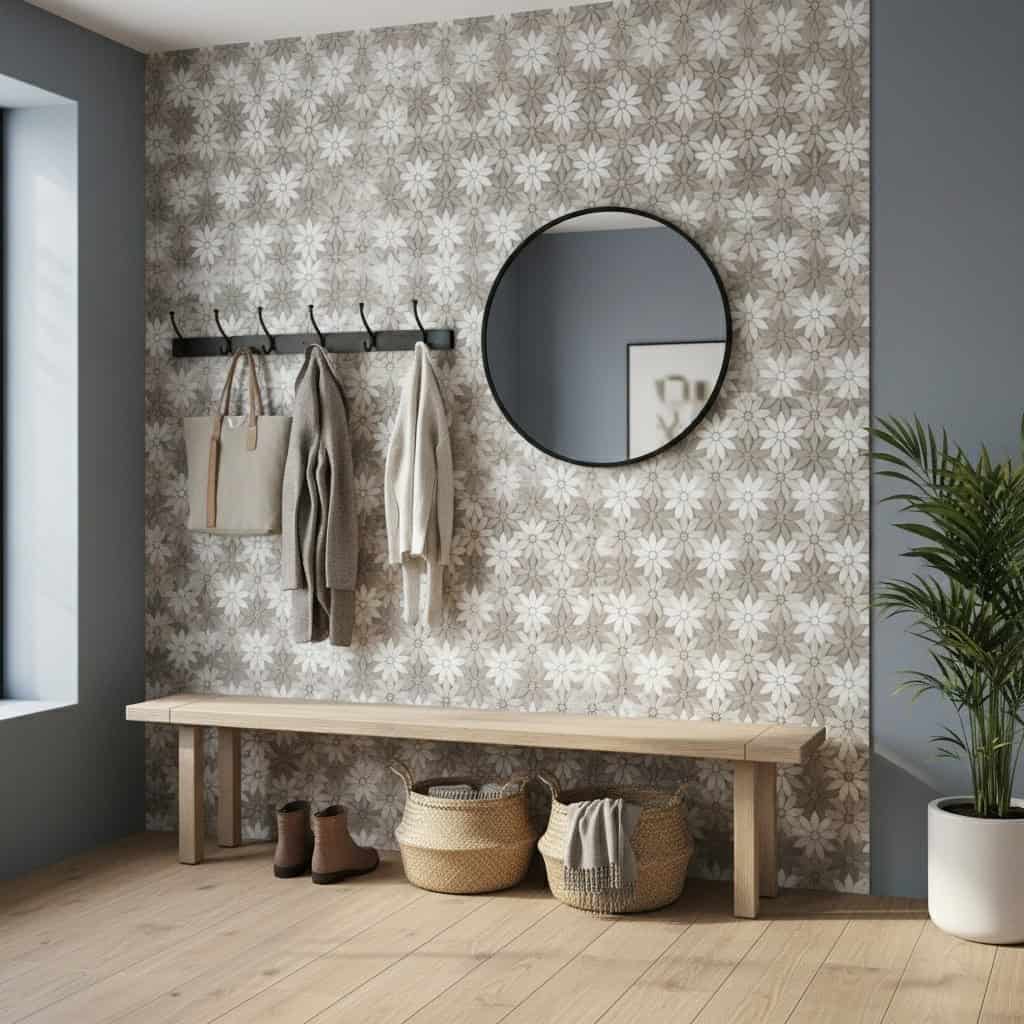 Decorative wallpaper with beige and white floral design, textured surface, suitable for accent walls.