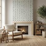 Ceramic tile wall with a geometric pattern in neutral tones, textured surface, and matte finish, complementing the cozy livin.