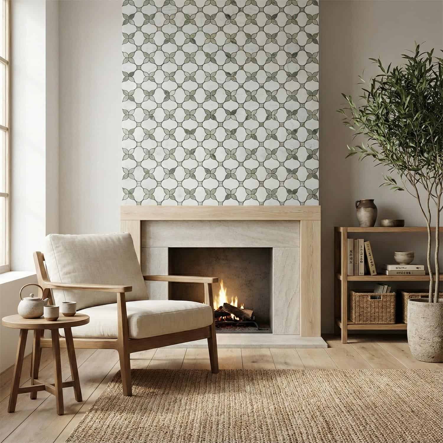 Ceramic tile wall with a geometric pattern in neutral tones, textured surface, and matte finish, complementing the cozy livin.