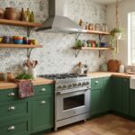 Bright kitchen with green cabinets, wooden open shelves, and a patterned tile wall behind the stove.