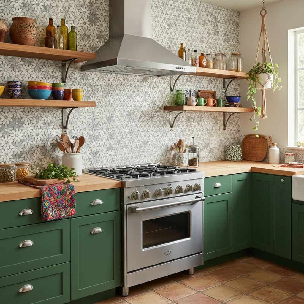 Bright kitchen with green cabinets, wooden open shelves, and a patterned tile wall behind the stove.