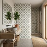 Light gray and white geometric patterned ceramic tile with matte finish for bathroom walls and shower area.