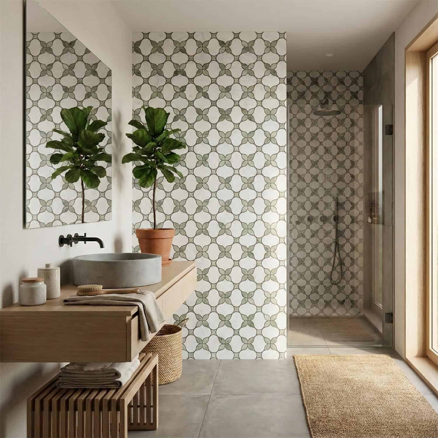 Light gray and white geometric patterned ceramic tile with matte finish for bathroom walls and shower area.