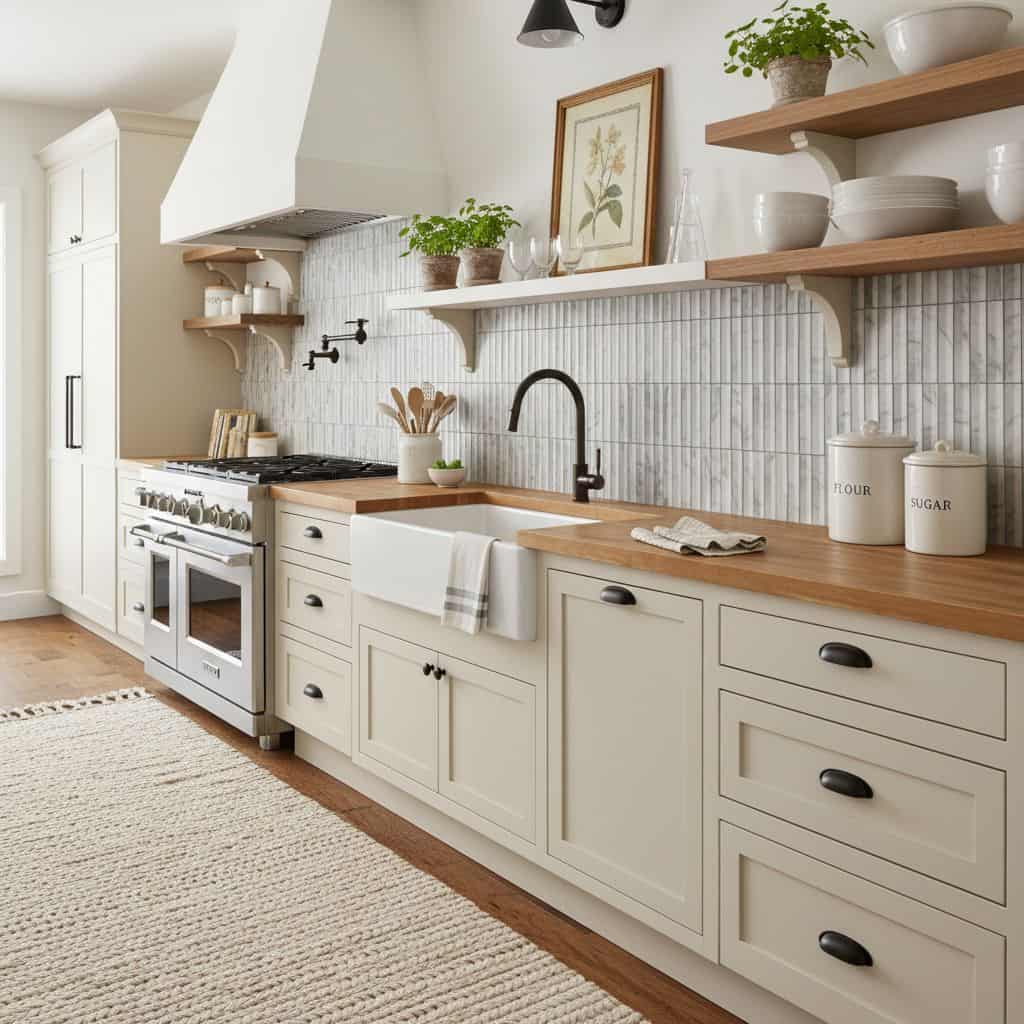 Bright white tile backsplash with subtle texture and matte finish.