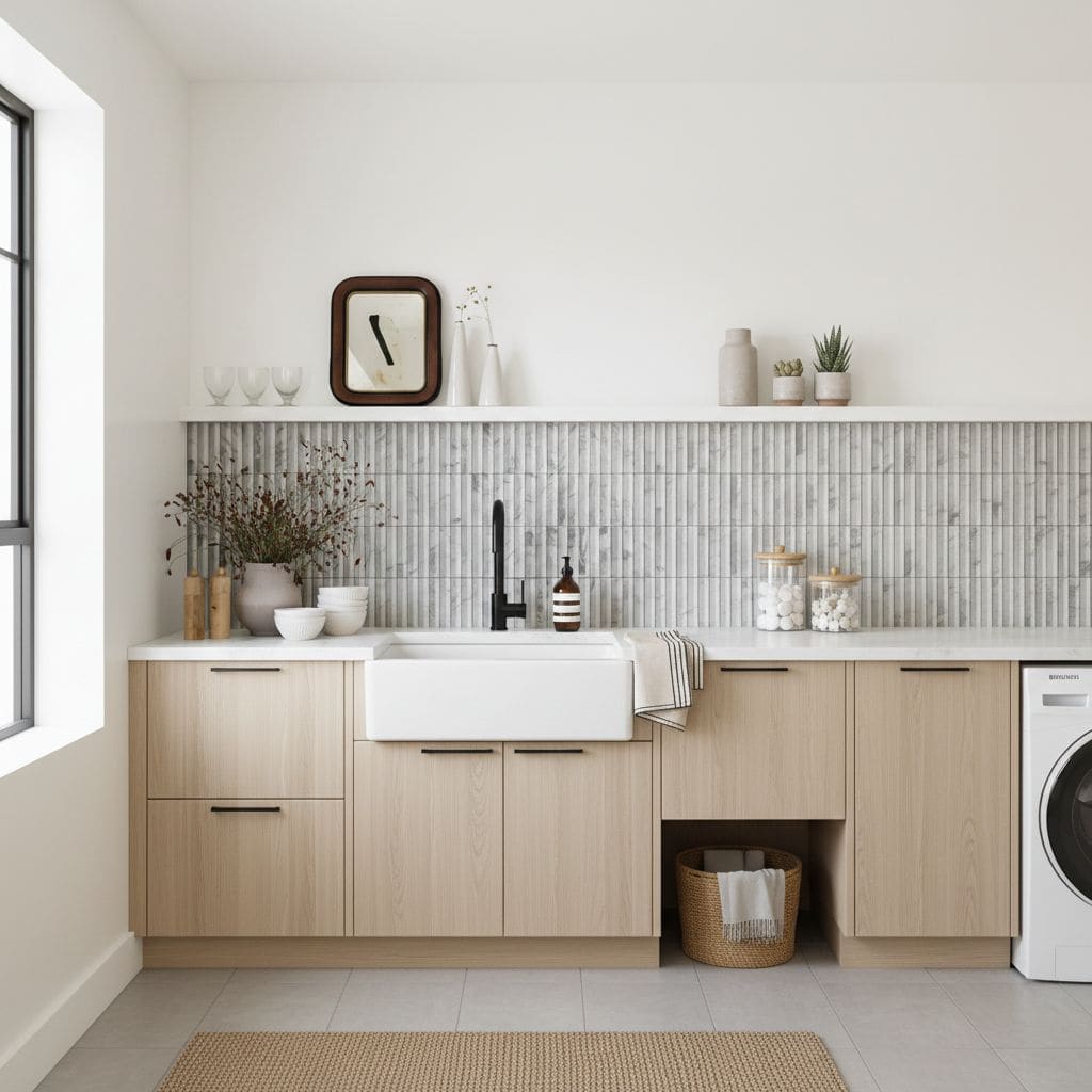 Neutral beige ceramic tile with textured surface in a modern kitchen.