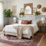 A cozy bedroom featuring textured gray wall tiles, white bedding, and warm wooden accents. Decor includes plants, hats, and f.