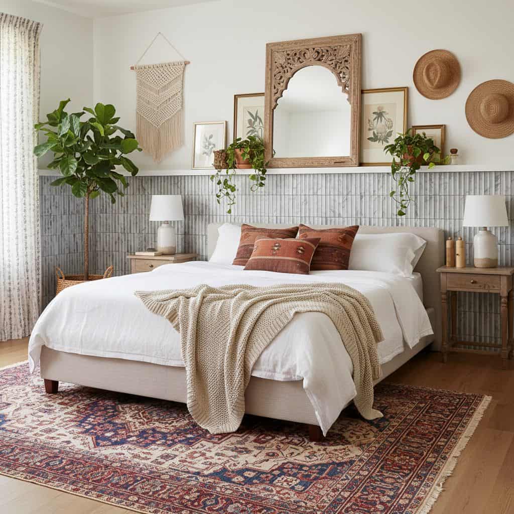 A cozy bedroom featuring textured gray wall tiles, white bedding, and warm wooden accents. Decor includes plants, hats, and f.