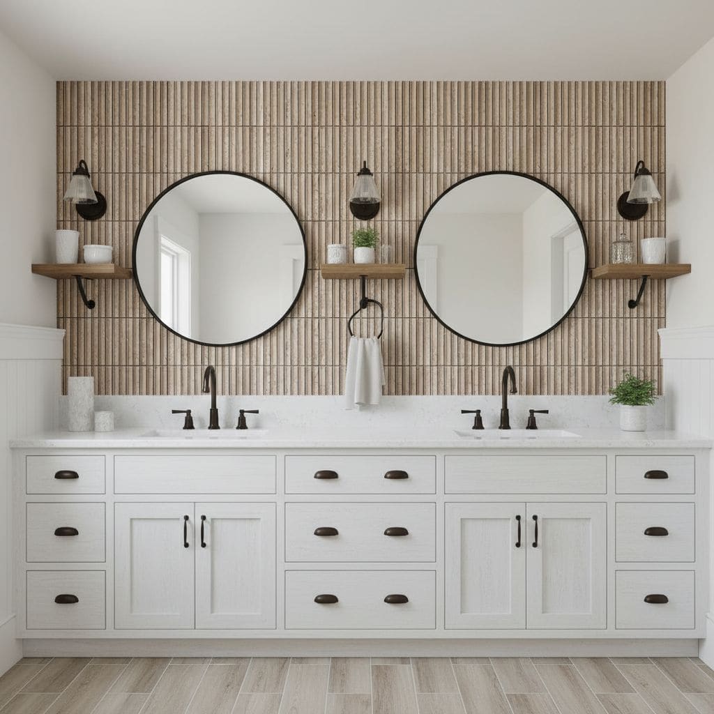 Beige textured tile backsplash, white vanity, round mirrors, black fixtures, and wooden accents.