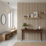 Beige textured ceramic tile wall with vertical grooves, suitable for interior design and accent walls.