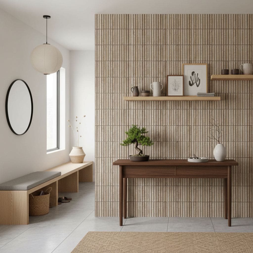 Beige textured ceramic tile wall with vertical grooves, suitable for interior design and accent walls.