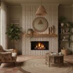 Warm beige textured wall tiles with vertical ridges behind fireplace.