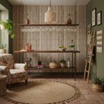 Bright, textured tile wall with natural wood shelves and decor accents.