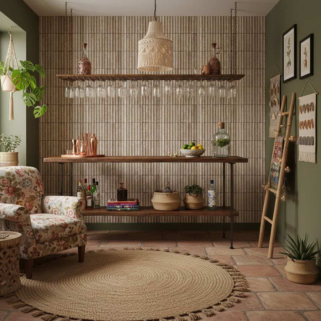 Bright, textured tile wall with natural wood shelves and decor accents.