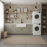 Beige textured tile in laundry room with white appliances and modern decor.