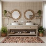 Two round woven rattan mirrors above a double sink bathroom vanity.