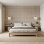 Beige textured wall tiles with a subtle pattern, complementing a modern bedroom decor.
