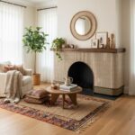 Beige textured tile with a smooth finish, complemented by natural wood elements and cozy decor accents.