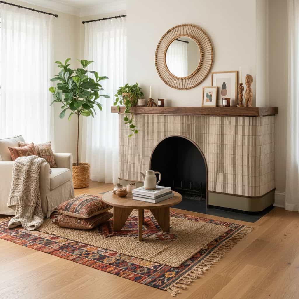 Beige textured tile with a smooth finish, complemented by natural wood elements and cozy decor accents.
