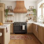 Neutral-colored textured ceramic tile backsplash in a cozy kitchen setting.